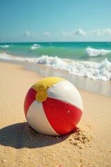 Obraz premium Sun-bleached beach ball rests on warm sand near ocean waves , blue, leisure, summer