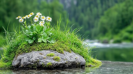 Wildflowers and grass on a rock by a tranquil river in nature, serene landscape.