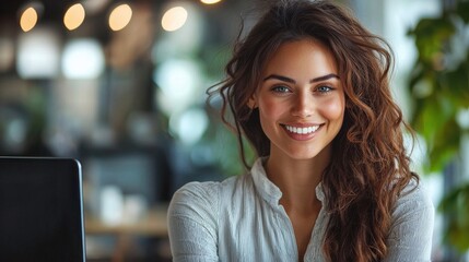 Young woman with curly hair smiling in a modern cafe setting during daytime, enjoying a relaxed atmosphere with natural light