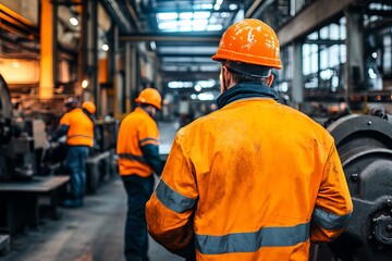 Industrial Worker Safety Orange Jacket Hard Hat Factory Manufacturing Production Strong Equipment Heavy Industry Steel Plant Workers Uniform          