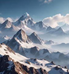 Mountain range with snow-capped peaks and misty atmosphere ,  Snow,  Landscape