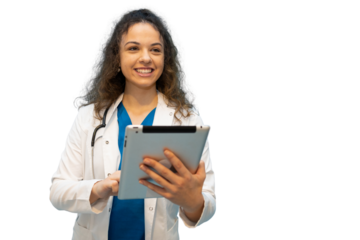 Smiling doctor using digital tablet with transparent background