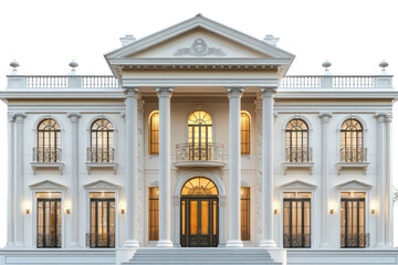 Elegant White Mansion With Classical Architecture and Grand Entrance with Tall Pillars and Ornate Details