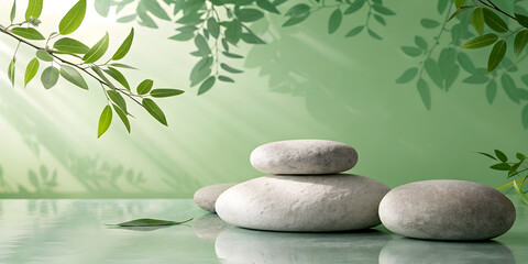 Obraz premium Natural Product Showcase Featuring River Stone Podium and Leaf Patterned Green Gradient