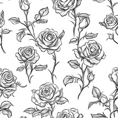 Obraz premium rose drawing seamless pattern black and white background