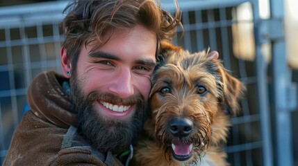 A young man with a beard hugs a dog he adopted from an animal shelter. Shelter life, home, animal rescue center, pet care