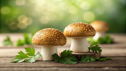 two mushrooms with spots are beautifully displayed on a wooden surface, and the background with blurry green bokeh