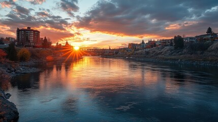 Naklejka premium Vibrant sunset over river, city skyline reflected in calm water.