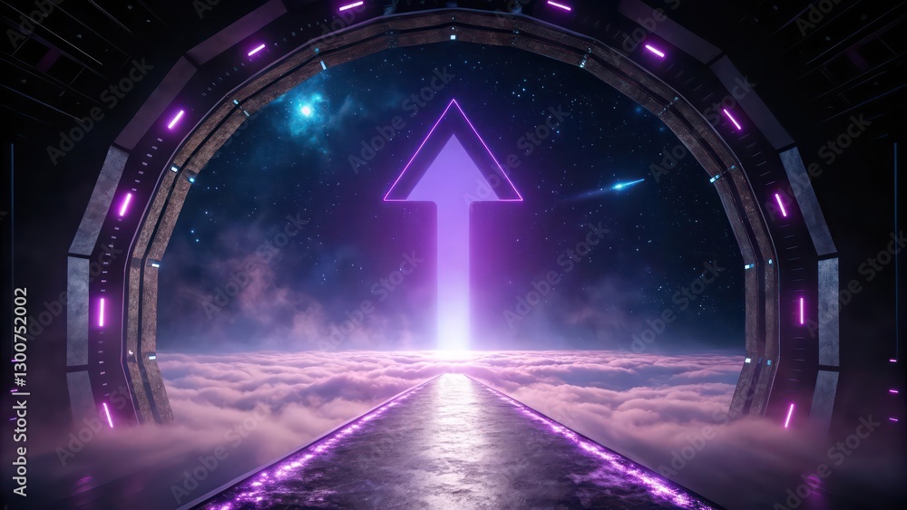 Poster a futuristic portal with a neon arrow pointing upwards, a mesmerizing gateway to another dimension. 