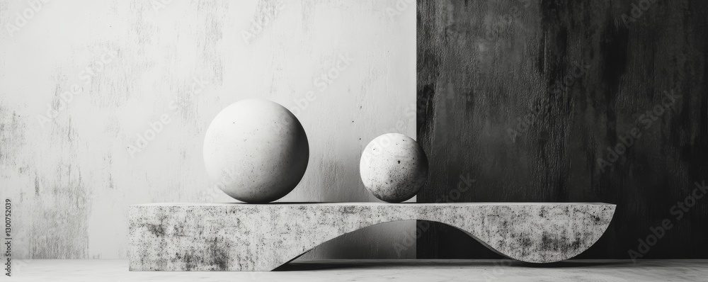 Poster balance between two white spheres on a minimalistic shelf set against a gray background in a 3d rend
