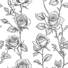 seamless infinite pattern with drawn black and white roses