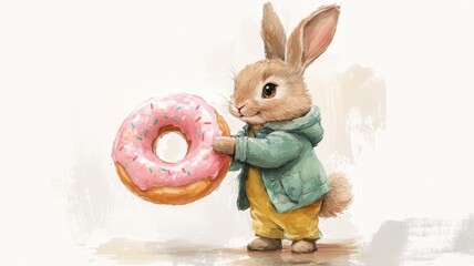 Playful Rabbit Character in Green Jacket and Yellow Pants, Holding a Massive Pink Doughnut, Whimsical Watercolor Illustration on a White Background