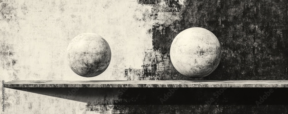 Poster balance between two white spheres on a minimalistic shelf set against a gray background in a 3d rend