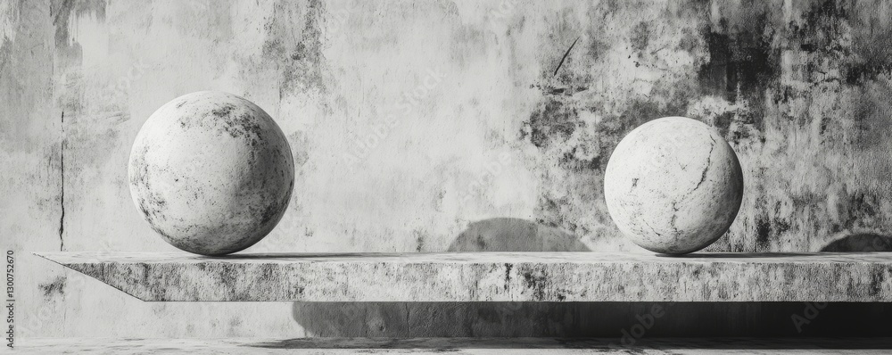 Poster balance between two white spheres on a minimalistic shelf set against a gray background in a 3d rend