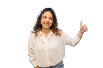 Obraz premium Smiling businesswoman showing thumbs up with transparent background