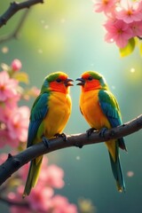 Fototapeta premium Two comical birds chirping merrily on a blooming branch in a sun-drenched park , little birds, small
