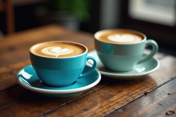 Obraz premium Two blue cups, latte & americano, vintage wood table , relax, rustic, food photography
