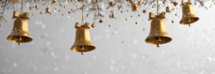 Snowflakes and golden bells suspended in mid-air amidst a snowy white isolated background, merry ambiance, frosted glass, golden accents