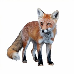 Fototapeta premium Elegant Red Fox with Bushy Tail and Reddish-Brown Fur Standing Isolated on White Background.