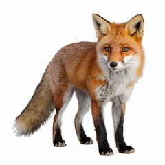 Elegant Red Fox with Bushy Tail and Reddish-Brown Fur Standing Isolated on White Background.