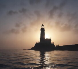 Weathered lighthouse silhouette on a foggy sea at dusk,  coastal,  misty,  oceanic