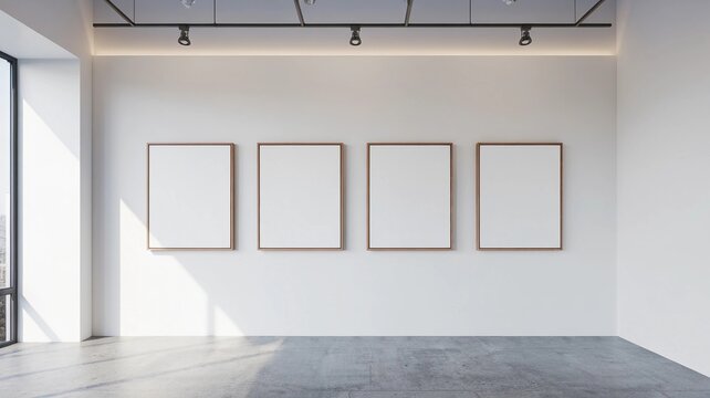 Gallery wall with four frames for art displays and a large window for light