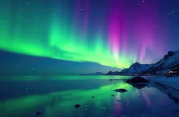 Fototapeta premium Stunning aurora borealis over mountainous landscape reflecting in calm waters