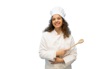 Smiling chef holding wooden spoon on transparent background
