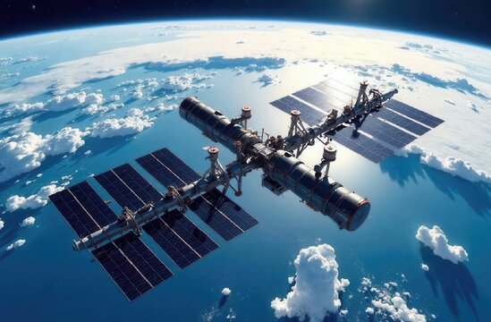 Space station orbiting earth with solar panels and cloud-covered ocean below