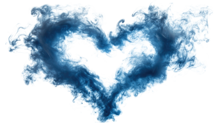 Blue heart shape made of swirling smoke patterns isolated on transparent background, PNG