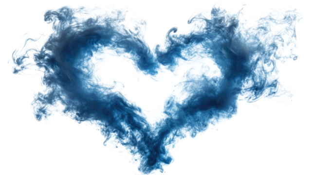 Blue heart shape made of swirling smoke patterns isolated on transparent background, PNG