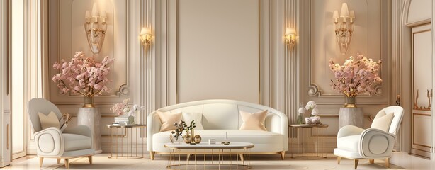 Elegant living room interior with stylish furniture, warm lighting, and floral decor.