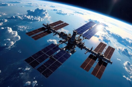 International space station orbiting earth with solar panels reflecting sunlight