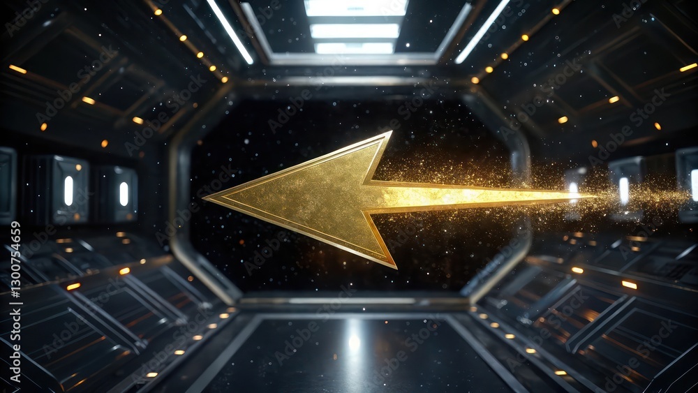Poster a futuristic golden arrow soaring through a spaceship interior towards space, representing progress