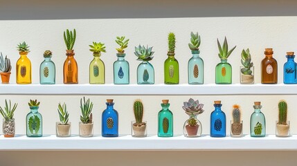 Colorful bottles containing various small plants on a shelf, isolated background.