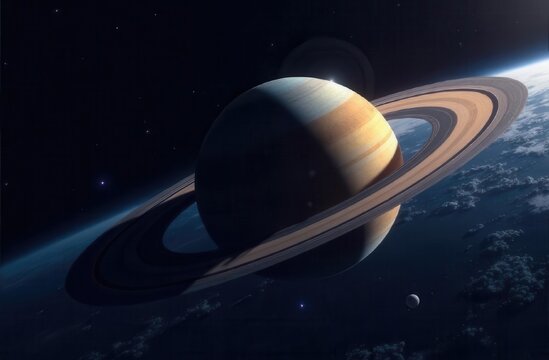 Spectacular view of saturn and its rings in space with moons and stars