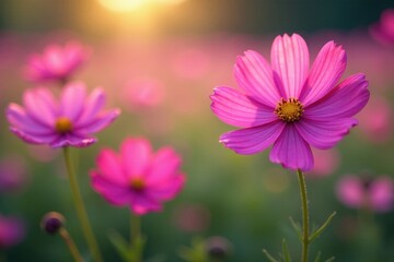 Fototapeta premium Vibrant pink & purple cosmos in full bloom, soft focus , nature, meadow, photography