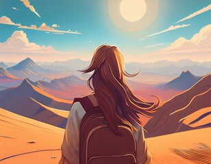 Fototapeta premium 砂漠にいる観光客の女性の後ろ姿