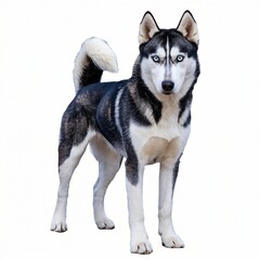 Obraz premium Beautiful Siberian Husky with Erect Ears and Curled Tail Standing on White Background.