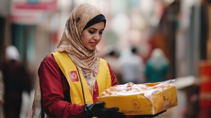 A woman in a hijab and volunteer vest carefully carries a box of food, distributing aid in a bustling Middle Eastern street. Humanitarian aid, community support, and generosity are depicted.