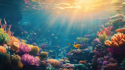Obraz premium A thriving coral reef with bright coral, exotic fish, and golden sunlight streaming through the water in a stunning underwater setting