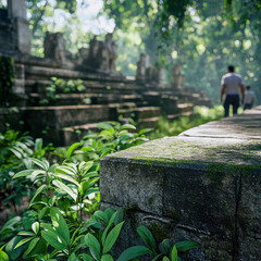 Fototapeta premium Tourists walking towards ancient asian temple ruins in the jungle