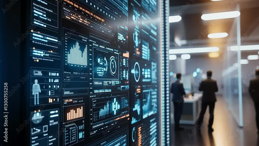 Poster futuristic digital screens display complex data analytics and graphs in a modern tech environment. p