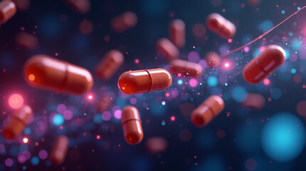 Futuristic Digital Medical Environment with Capsules and Pills