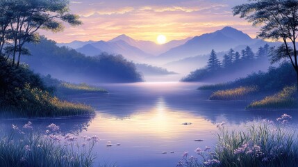 Fototapeta premium Serene Mountain Streams with Soft Reflections at Sunrise