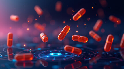 Futuristic Digital Medical Environment with Capsules and Pills