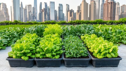 Lush green plants arranged in trays, urban skyline background.