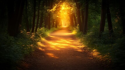 Sunlit Path Through A Forest Of Tall Trees