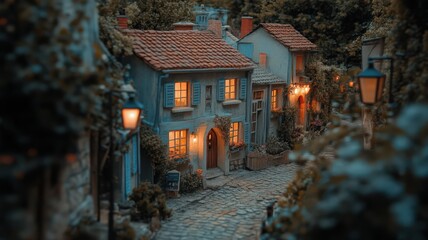 Obraz premium Charming Village Street at Dusk with Warm Lamplight
