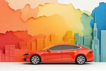 Red Electric Car Against Vibrant Pixelated Cityscape